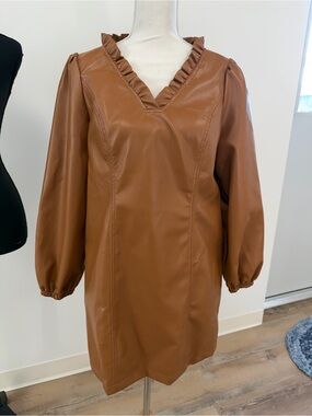 Lovelo Faux Leather Ruffle V-Neck Long Sleeve Dress - Tan